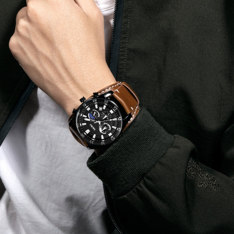 SKMEI 9249 Men Moonphase Calendar Stopwatch Leather Strap Quartz Watch(Brown Black) - free shipping - PMC TechLife - Order now!