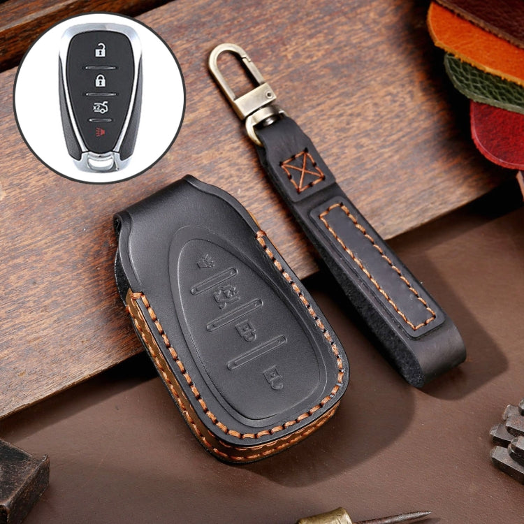 For Chevrolet 4-button Hallmo Car Cowhide Leather Key Protective Cover Key Case(Black) - Car Key Cases by Hallmo | Online Shopping South Africa | PMC TechLife | Buy Now Pay Later Mobicred