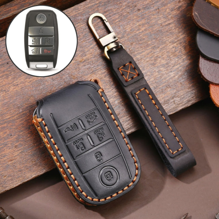 For Kia C134 6-button Hallmo Car Cowhide Leather Key Protective Cover Key Case(Black) - Car Key Cases by Hallmo | Online Shopping South Africa | PMC Jewellery | Buy Now Pay Later Mobicred