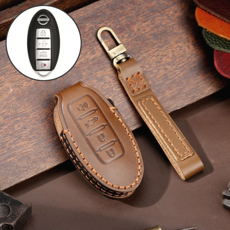 For Nissan 4-button Horn Hallmo Car Cowhide Leather Key Protective Cover Key Case(Brown) - Car Key Cases by Hallmo | Online Shopping South Africa | PMC TechLife | Buy Now Pay Later Mobicred