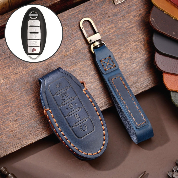 For Nissan 5-button Horn Hallmo Car Cowhide Leather Key Protective Cover Key Case(Blue) - free shipping - PMC TechLife - Order now!