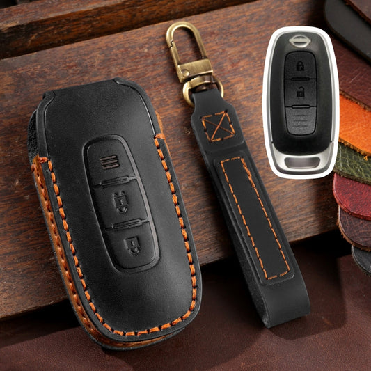 For Nissan Teana / Ariya 2-button Hallmo Car Cowhide Leather Key Protective Cover Key Case(Black) - Car Key Cases by Hallmo | Online Shopping South Africa | PMC Jewellery | Buy Now Pay Later Mobicred