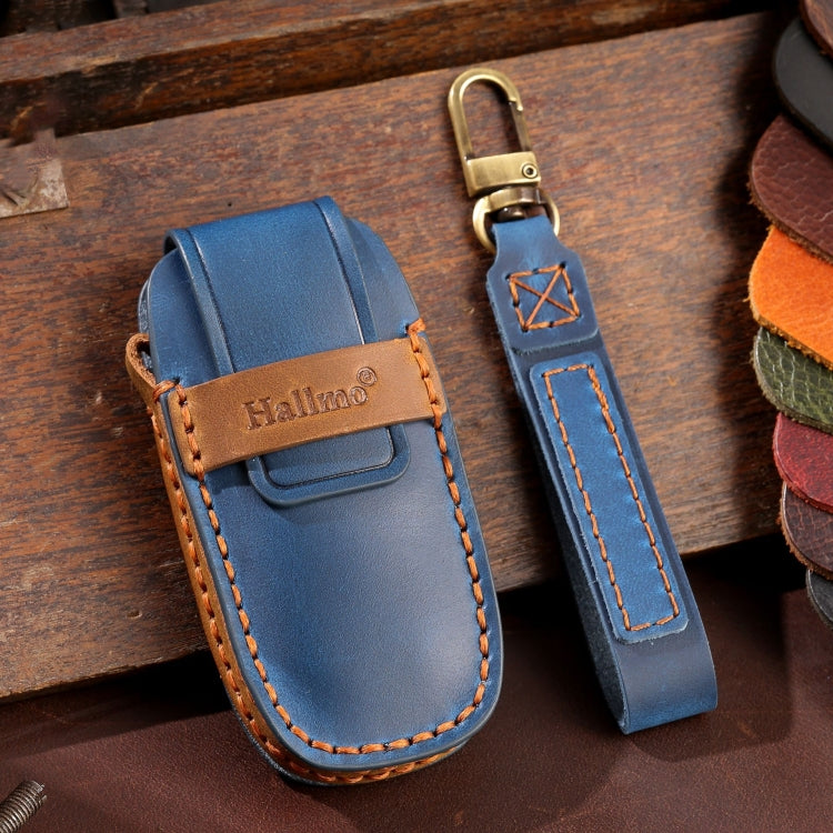 For Nissan Teana / Ariya 5-button Start Hallmo Car Cowhide Leather Key Protective Cover Key Case(Blue) - Car Key Cases by Hallmo | Online Shopping South Africa | PMC TechLife | Buy Now Pay Later Mobicred