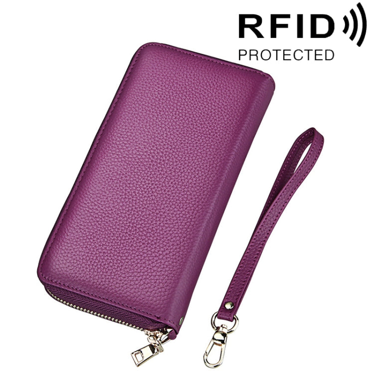 Genuine Cowhide Leather Litchi Texture Zipper Long Style Card Holder Wallet RFID Blocking Coin Purse Card Bag Protect Case with Hand Strap for Women, Size: 20*10.5*3cm(Purple) - Antimagnetic RFID Package by PMC Jewellery | Online Shopping South Africa | PMC Jewellery | Buy Now Pay Later Mobicred