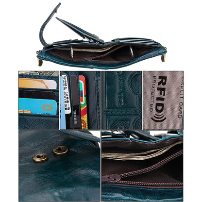 Genuine Cowhide Leather Crazy Horse Texture Zipper 3-folding Card Holder Wallet RFID Blocking Coin Purse Card Bag Protect Case for Men, Size: 12*9.5*3.5cm(Blue) - Antimagnetic RFID Package by PMC Jewellery | Online Shopping South Africa | PMC Jewellery | Buy Now Pay Later Mobicred