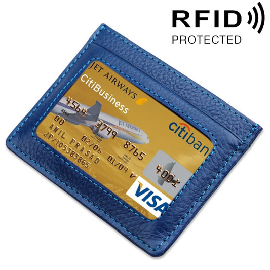 Cowhide Leather Litchi Texture Open Type Solid Color Card Holder RFID Blocking Card Bag Protective Case(Dark Blue) - Antimagnetic RFID Package by PMC Jewellery | Online Shopping South Africa | PMC Jewellery | Buy Now Pay Later Mobicred