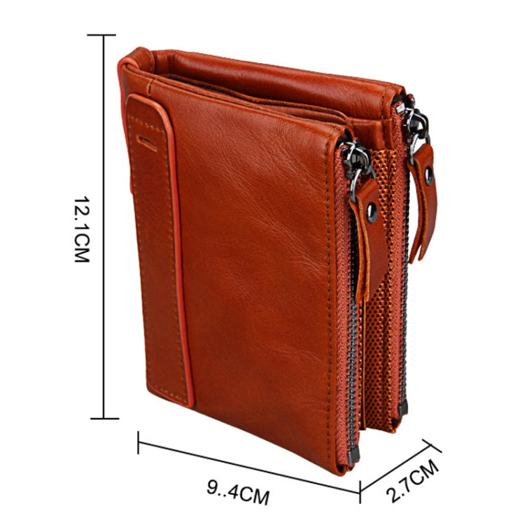 Genuine Cowhide Leather Crazy Horse Texture Dual Zipper Short Style Card Holder Wallet RFID Blocking Card Bag Protect Case for Men, Size: 12.1*9.4*2.7cm(Orange) - Antimagnetic RFID Package by PMC Jewellery | Online Shopping South Africa | PMC Jewellery | Buy Now Pay Later Mobicred