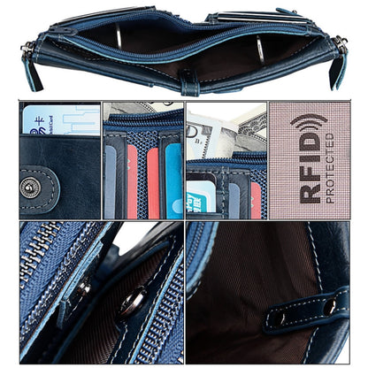 Genuine Cowhide Leather Crazy Horse Texture Dual Zipper Short Style Card Holder Wallet RFID Blocking Card Bag Protect Case for Men, Size: 12.1*9.4*2.7cm(Blue) - Antimagnetic RFID Package by PMC Jewellery | Online Shopping South Africa | PMC Jewellery | Buy Now Pay Later Mobicred