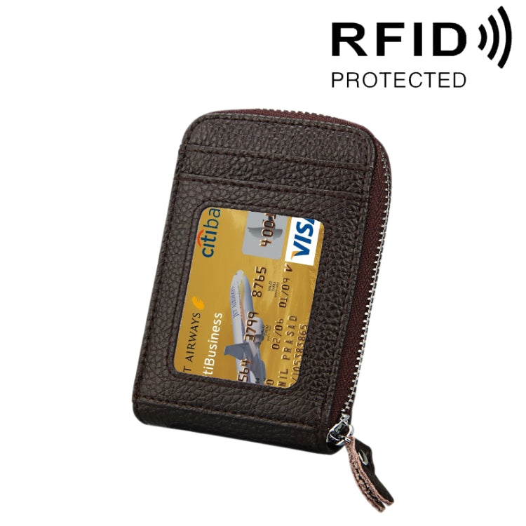 Genuine Cowhide Leather Solid Color Zipper Vertical Card Holder Wallet RFID Blocking Card Bag Protect Case with 12 Card Slots, Size: 11.5*7.5cm(Coffee) - free shipping - PMC Jewellery - Order now!