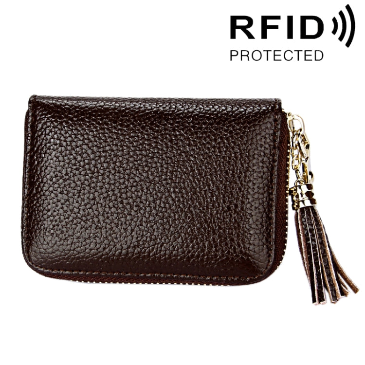 Genuine Cowhide Leather Solid Color Zipper Card Holder Wallet RFID Blocking Card Bag Protect Case Coin Purse with Tassel Pendant & 15 Card Slots for Women, Size: 11.1*7.6*3.5cm(Coffee) - Antimagnetic RFID Package by PMC Jewellery | Online Shopping South Africa | PMC Jewellery | Buy Now Pay Later Mobicred