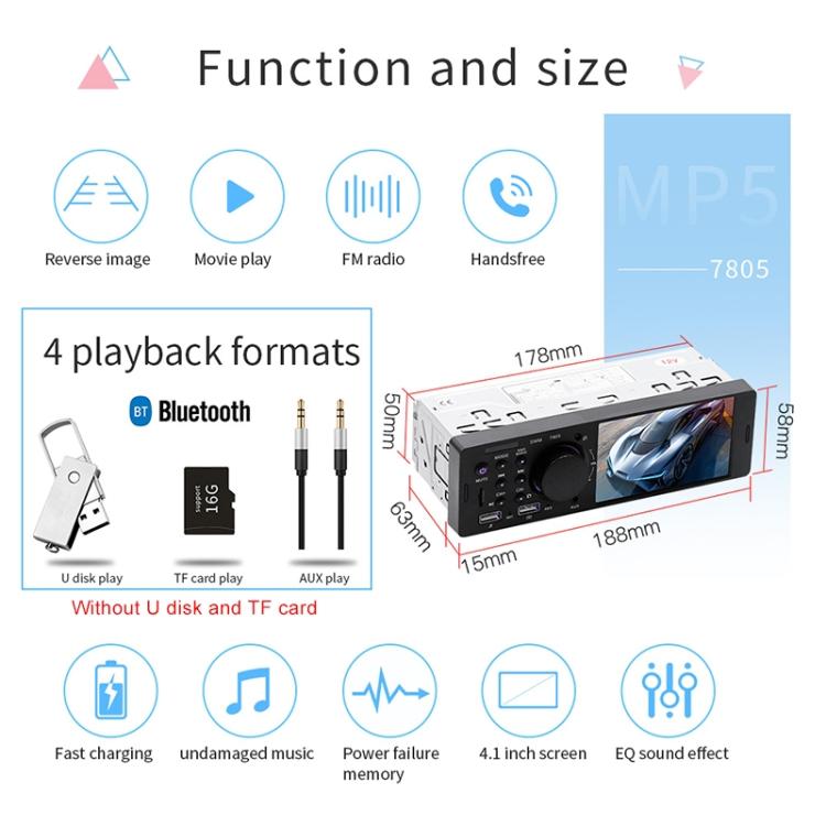 7805 4.1 inch Universal Car Radio Receiver MP5 Player, Support FM & Bluetooth & TF Card with Remote Control - Car MP3 & MP4 & MP5 by PMC TechLife | Online Shopping South Africa | PMC TechLife | Buy Now Pay Later Mobicred