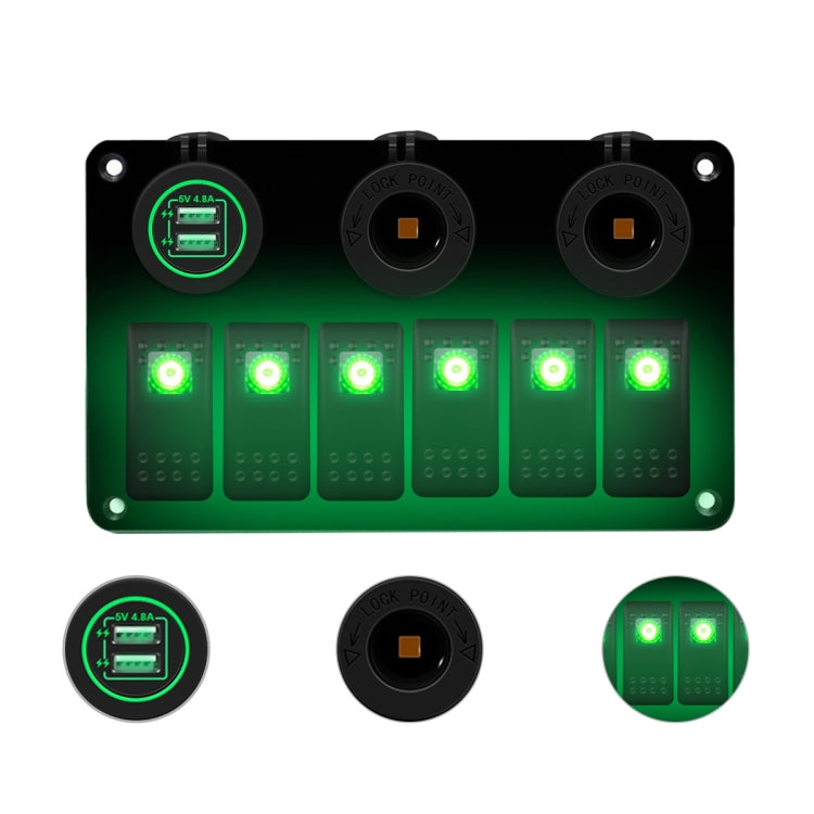 Multi-functional Combination Switch Panel 12V / 24V 6 Way Switches + Dual USB Charger for Car RV Marine Boat (Green Light) - Car Switches by PMC Jewellery | Online Shopping South Africa | PMC Jewellery | Buy Now Pay Later Mobicred