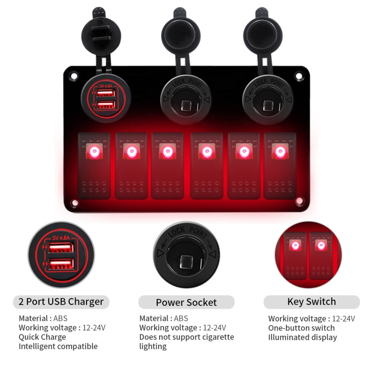 Multi-functional Combination Switch Panel 12V / 24V 6 Way Switches + Dual USB Charger for Car RV Marine Boat (Red Light) - Car Switches by PMC TechLife | Online Shopping South Africa | PMC TechLife | Buy Now Pay Later Mobicred