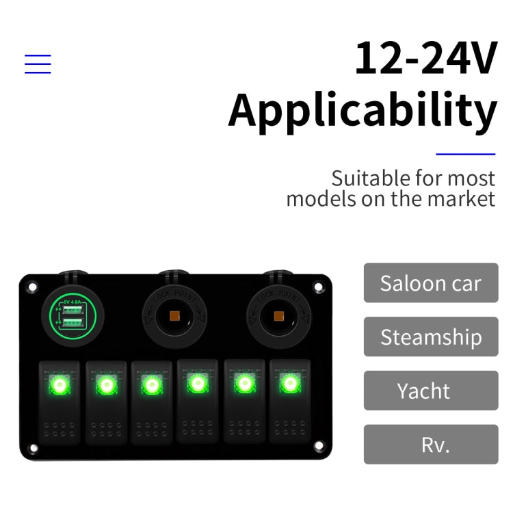 Multi-functional Combination Switch Panel 12V / 24V 6 Way Switches + Dual USB Charger for Car RV Marine Boat (Green Light) - Car Switches by PMC Jewellery | Online Shopping South Africa | PMC Jewellery | Buy Now Pay Later Mobicred