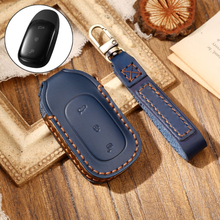 Hallmo Car Cowhide Leather Key Protective Cover Key Case for LEADING IDEAL One(Blue) - Car Key Cases by Hallmo | Online Shopping South Africa | PMC Jewellery | Buy Now Pay Later Mobicred