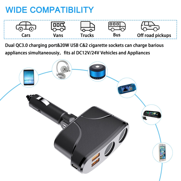 TR35 Car 2 in 1 Cigarette Lighter Extension Socket 20W PD Fast Charge QC3.0 USB Charger - Cigar Socket by PMC Jewellery | Online Shopping South Africa | PMC Jewellery | Buy Now Pay Later Mobicred