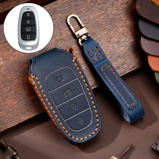 Hallmo Car Cowhide Leather Key Protective Cover Key Case for Hyundai 4-button Start(Blue) - Car Key Cases by Hallmo | Online Shopping South Africa | PMC Jewellery | Buy Now Pay Later Mobicred