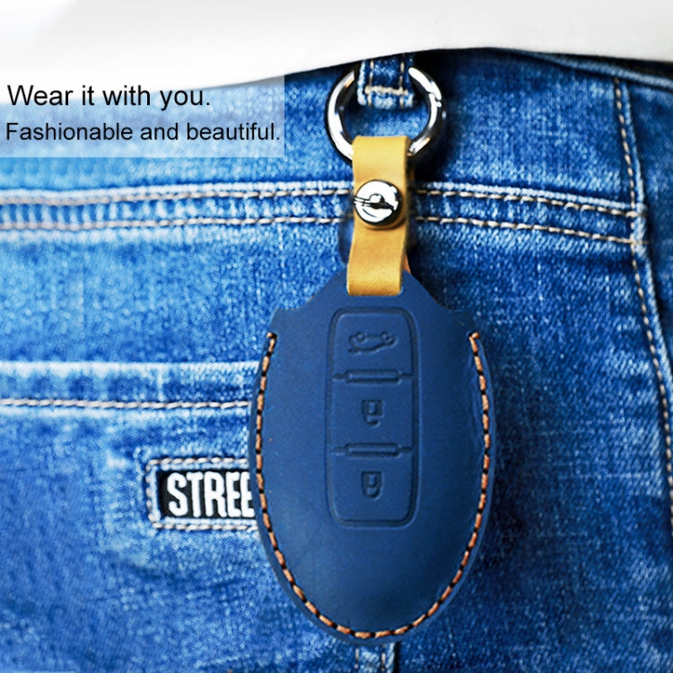 For Nissan Car Cowhide Leather Key Protective Cover Key Case, Three Keys Tailgate Version (Blue) - Car Key Cases by PMC Jewellery | Online Shopping South Africa | PMC Jewellery | Buy Now Pay Later Mobicred