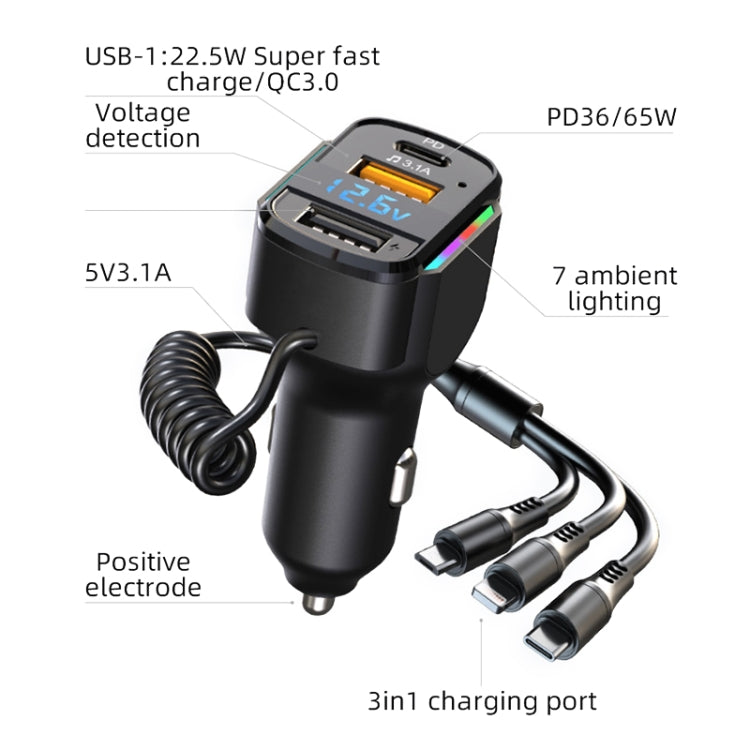 K4 Car 3 in 1 PD + USB Dual Port Fast Charger with Spring Data Cable - Car Charger by PMC TechLife | Online Shopping South Africa | PMC TechLife | Buy Now Pay Later Mobicred