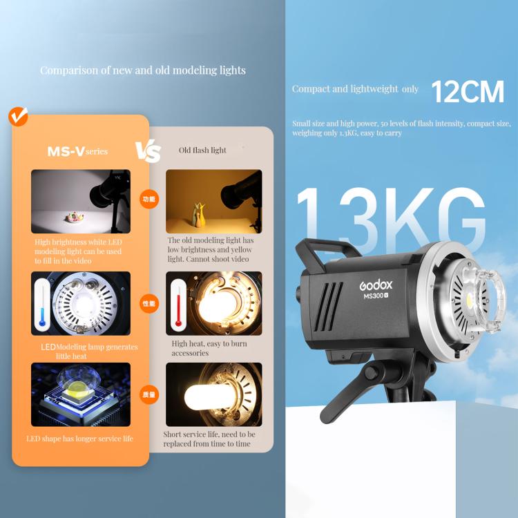 Godox MS300-V Studio Flash Light 300Ws Bowens Mount Strobe Light with Lamp Cover (EU Plug) - free shipping - PMC TechLife - Order now!