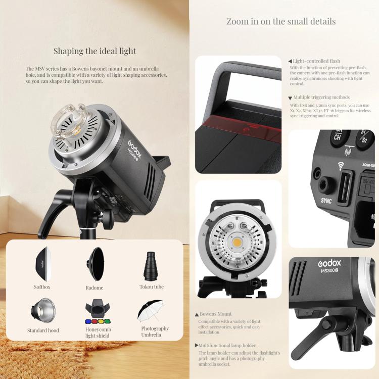 Godox MS200-V Studio Flash Light 200Ws Bowens Mount Strobe Light with Lamp Cover (UK Plug) - free shipping - PMC TechLife - Order now!