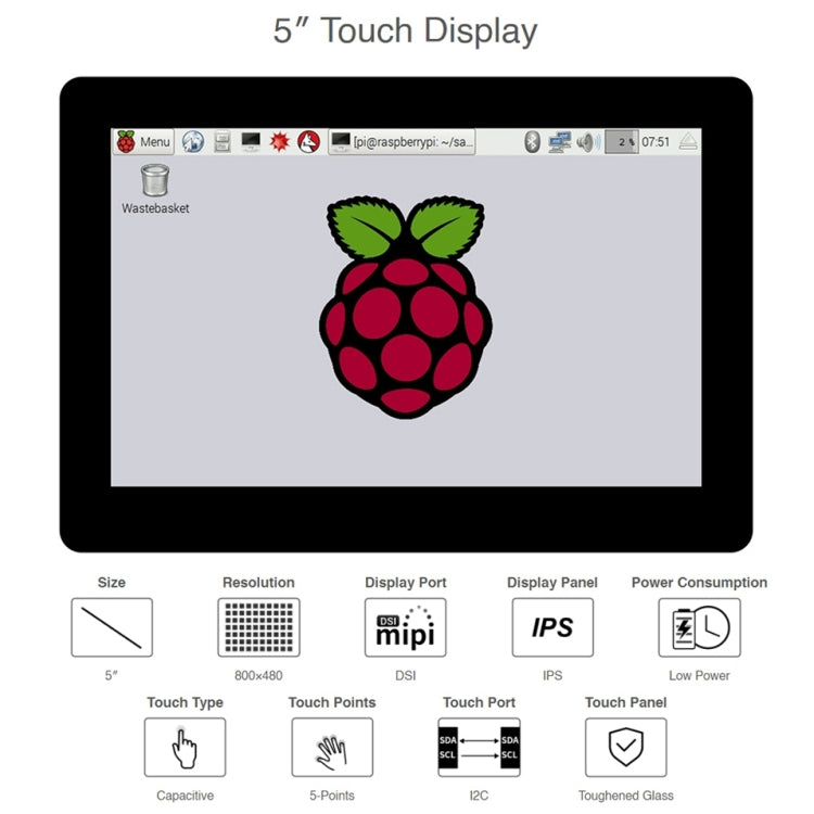 Waveshare 5 inch 800 x 480 Capacitive IPS Touch Display for Raspberry Pi, DSI Interface - Modules Expansions Accessories by PMC Jewellery | Online Shopping South Africa | PMC Jewellery | Buy Now Pay Later Mobicred