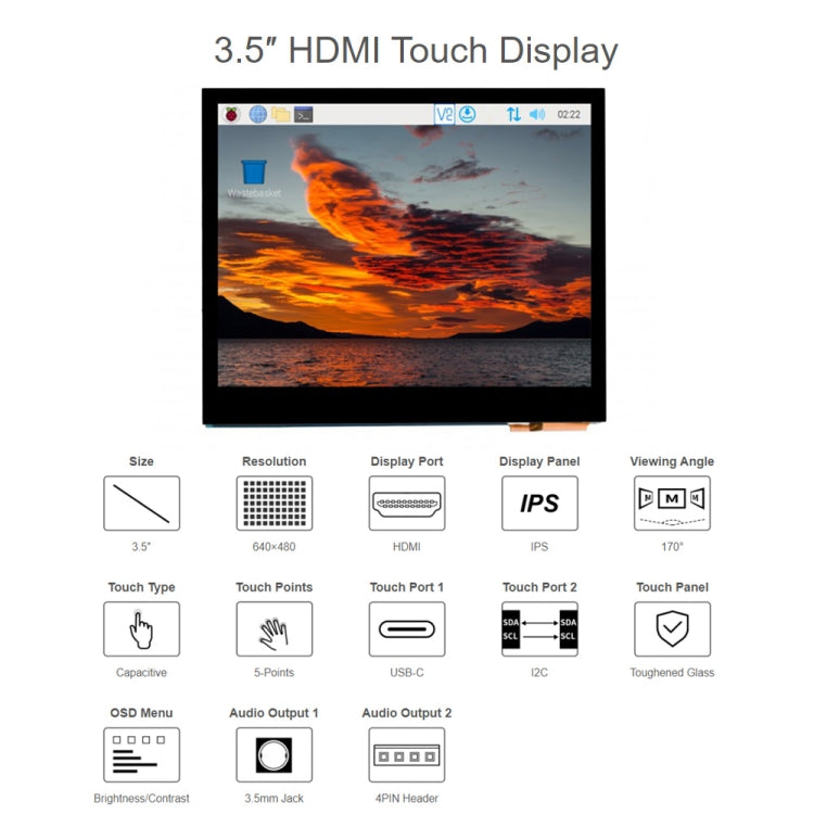 Waveshare 3.5 inch HDMI Capacitive Touch IPS LCD Display (E), 640 x 480, Audio Jack - free shipping - PMC TechLife - Order now!