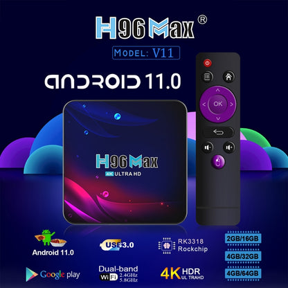 H96 Max V11 4K Smart TV BOX Android 11.0 Media Player with Remote Control, RK3318 Quad-Core 64bit Cortex-A53, RAM: 4GB, ROM: 32GB, Support Dual Band WiFi, Bluetooth, Ethernet, EU Plug - RK3318 by PMC Jewellery | Online Shopping South Africa | PMC Jewellery | Buy Now Pay Later Mobicred