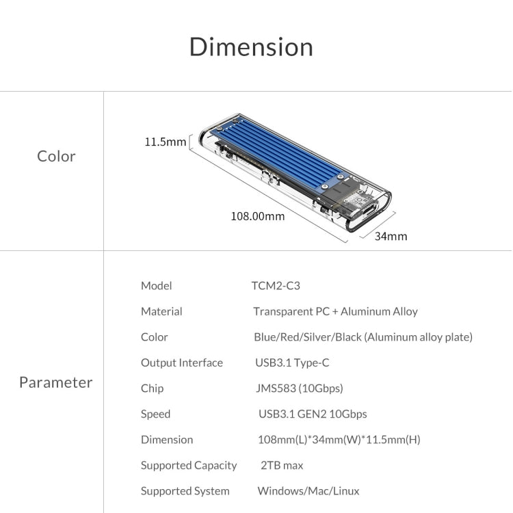 ORICO TCM2-C3 NVMe M.2 SSD Enclosure (10Gbps) - HDD Enclosure by ORICO | Online Shopping South Africa | PMC TechLife