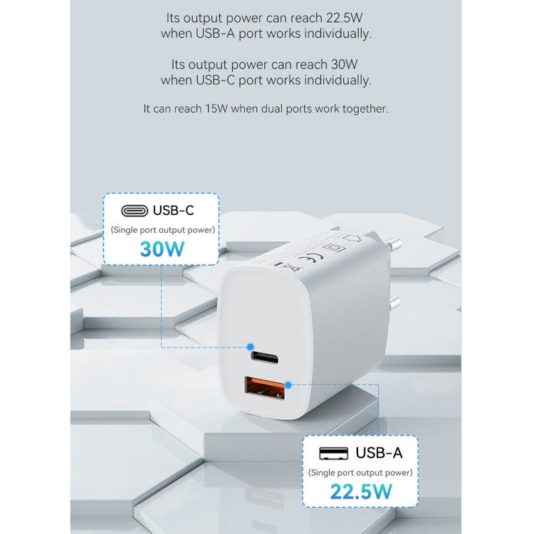 ROCK T51 30W Type-C / USB-C + USB PD Dual Ports Fast Charging Travel Charger Power Adapter, UK Plug(White) - USB Charger by ROCK | Online Shopping South Africa | PMC Jewellery | Buy Now Pay Later Mobicred