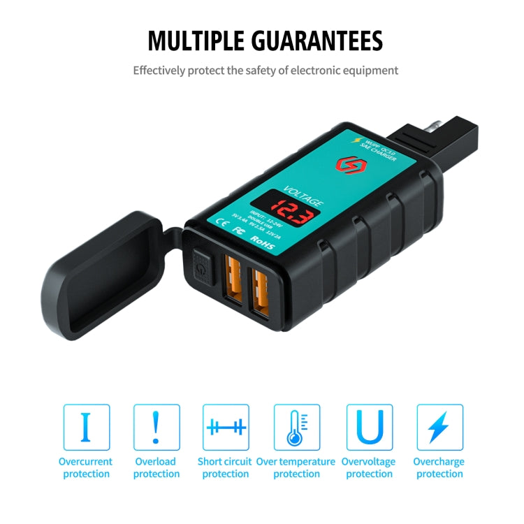 WUPP ZH-1422A1 DC12-24V Motorcycle Square Dual USB Fast Charging Charger with Switch + Voltmeter + Integrated SAE Socket - free shipping - PMC TechLife - Order now!