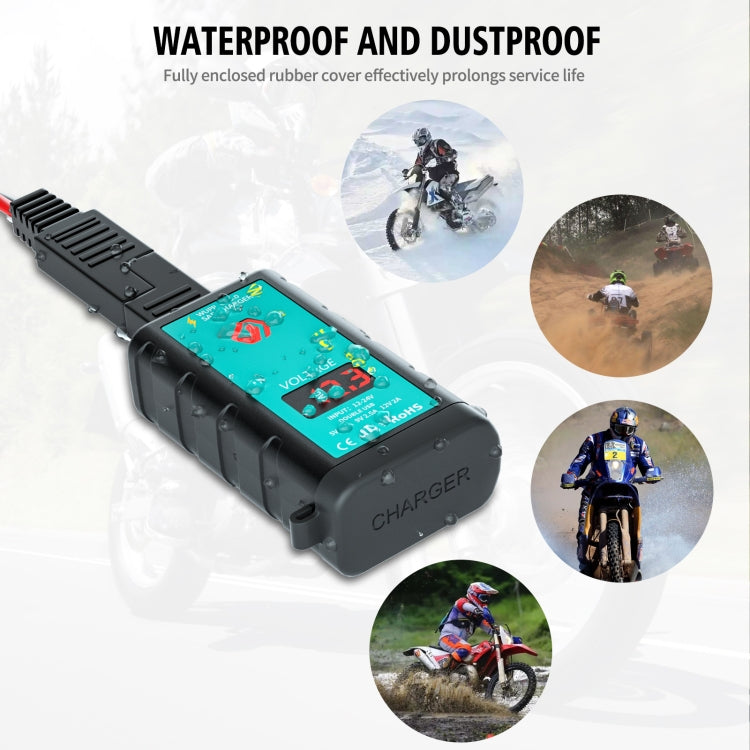WUPP ZH-1422A1 DC12-24V Motorcycle Square Dual USB Fast Charging Charger with Switch + Voltmeter + Integrated SAE Socket - free shipping - PMC TechLife - Order now!