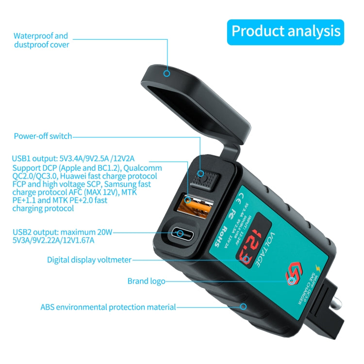 WUPP ZH-1422B1 DC12-24V Motorcycle Square Single USB + PD Fast Charging Charger with Switch + Voltmeter + Integrated SAE Socket - free shipping - PMC TechLife - Order now!