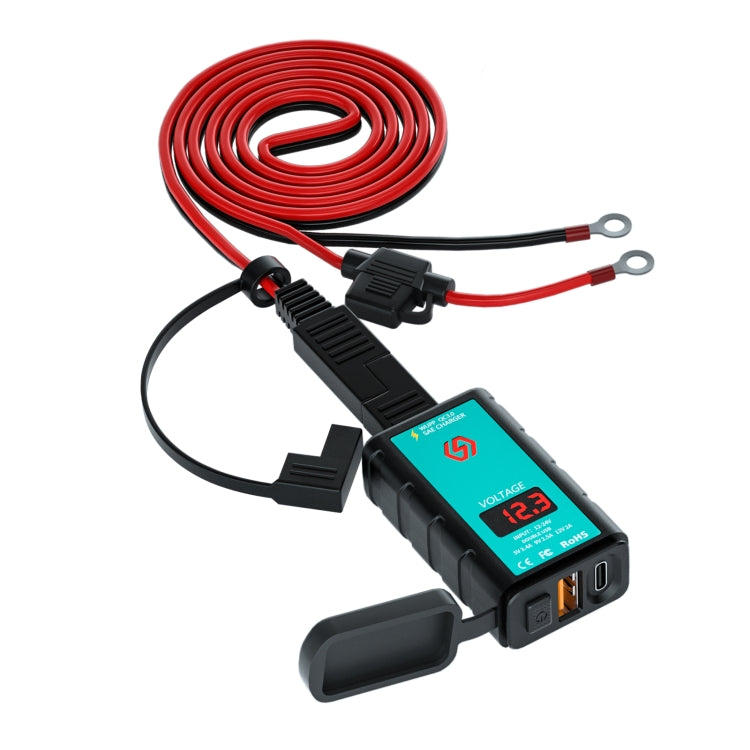WUPP ZH-1422B3 DC12-24V Motorcycle Square Single USB + PD Fast Charging Charger with Switch + Voltmeter + Integrated SAE Socket + 1.4m OT Terminal Cable - Battery Charger by WUPP | Online Shopping South Africa | PMC TechLife | Buy Now Pay Later Mobicred