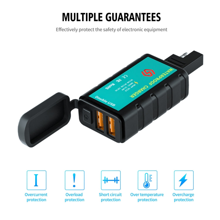 WUPP ZH-1422C1 Motorcycle Square Dual USB Fast Charging Charger with Switch + Integrated SAE Socket - Battery Charger by WUPP | Online Shopping South Africa | PMC TechLife | Buy Now Pay Later Mobicred