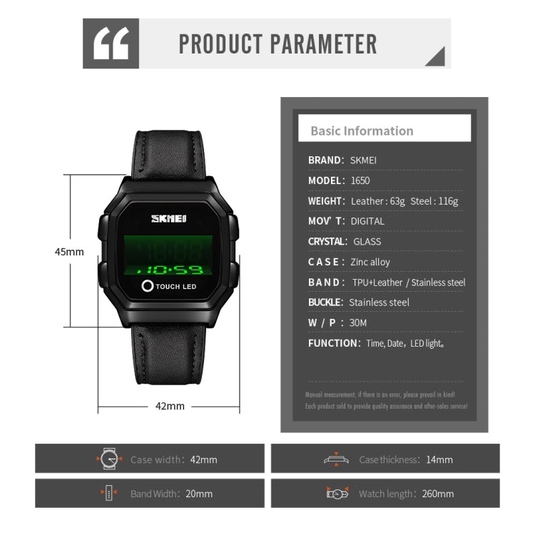 SKMEI 1650 Leather Strap Version LED Digital Display Electronic Watch with Touch Luminous Button(Blue) - free shipping - PMC TechLife - Order now!