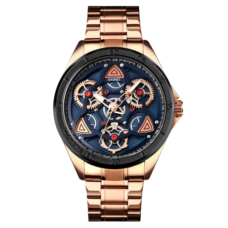 SKMEI 1678 Men Waterproof Quartz Watch with Rotatable Gear Dial(Rose Gold Shell Blue Surface) - free shipping - PMC TechLife - Order now!
