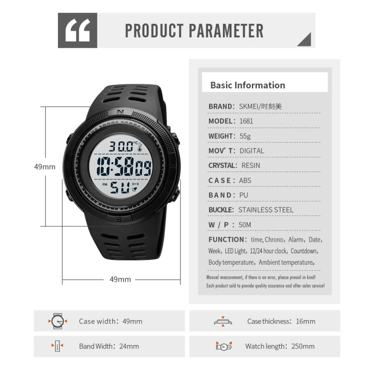 SKMEI 1681 Multifunctional LED Digital Display Luminous Electronic Watch, Support Body / Ambient Temperature Measurement(Blue White) - free shipping - PMC TechLife - Order now!