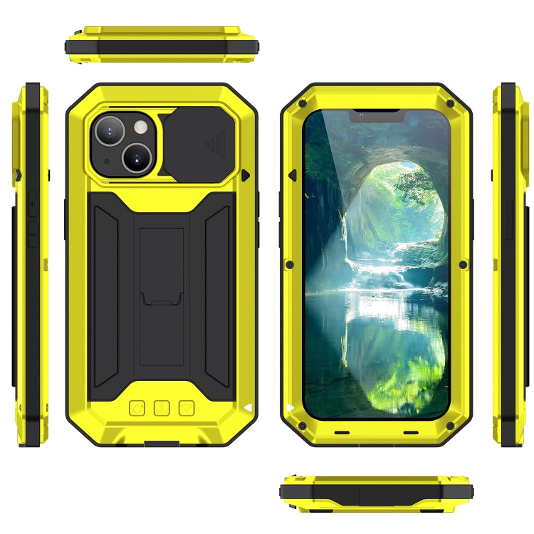 For iPhone 13 R-JUST Sliding Camera Shockproof Life Waterproof Dust-proof Metal + Silicone Protective Case with Holder(Yellow) - iPhone 13 Cases by R-JUST | Online Shopping South Africa | PMC TechLife | Buy Now Pay Later Mobicred