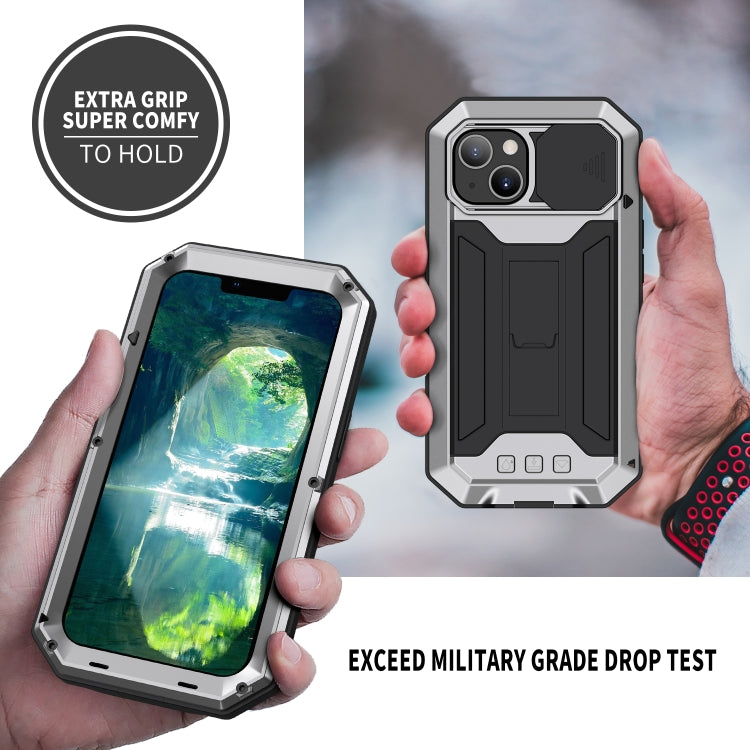 For iPhone 13 R-JUST Sliding Camera Shockproof Life Waterproof Dust-proof Metal + Silicone Protective Case with Holder(Silver) - iPhone 13 Cases by R-JUST | Online Shopping South Africa | PMC TechLife | Buy Now Pay Later Mobicred