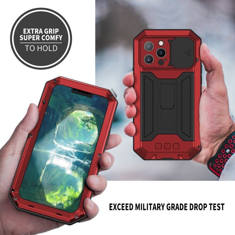 For iPhone 13 Pro R-JUST Sliding Camera Shockproof Life Waterproof Dust-proof Metal + Silicone Protective Case with Holder (Red) - iPhone 13 Pro Cases by R-JUST | Online Shopping South Africa | PMC TechLife | Buy Now Pay Later Mobicred