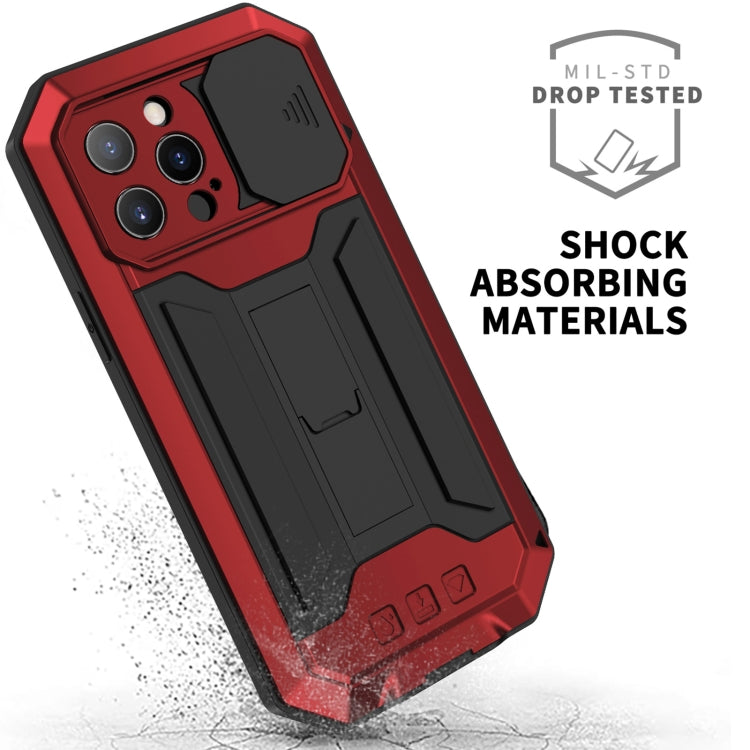 For iPhone 13 Pro R-JUST Sliding Camera Shockproof Life Waterproof Dust-proof Metal + Silicone Protective Case with Holder (Red) - iPhone 13 Pro Cases by R-JUST | Online Shopping South Africa | PMC TechLife | Buy Now Pay Later Mobicred