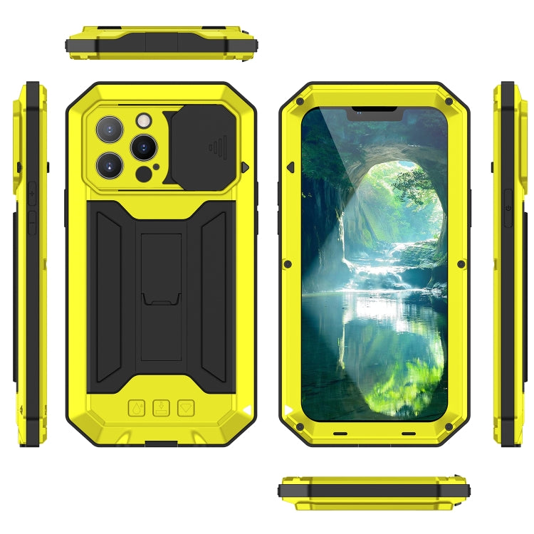For iPhone 13 Pro R-JUST Sliding Camera Shockproof Life Waterproof Dust-proof Metal + Silicone Protective Case with Holder (Yellow) - iPhone 13 Pro Cases by R-JUST | Online Shopping South Africa | PMC TechLife | Buy Now Pay Later Mobicred