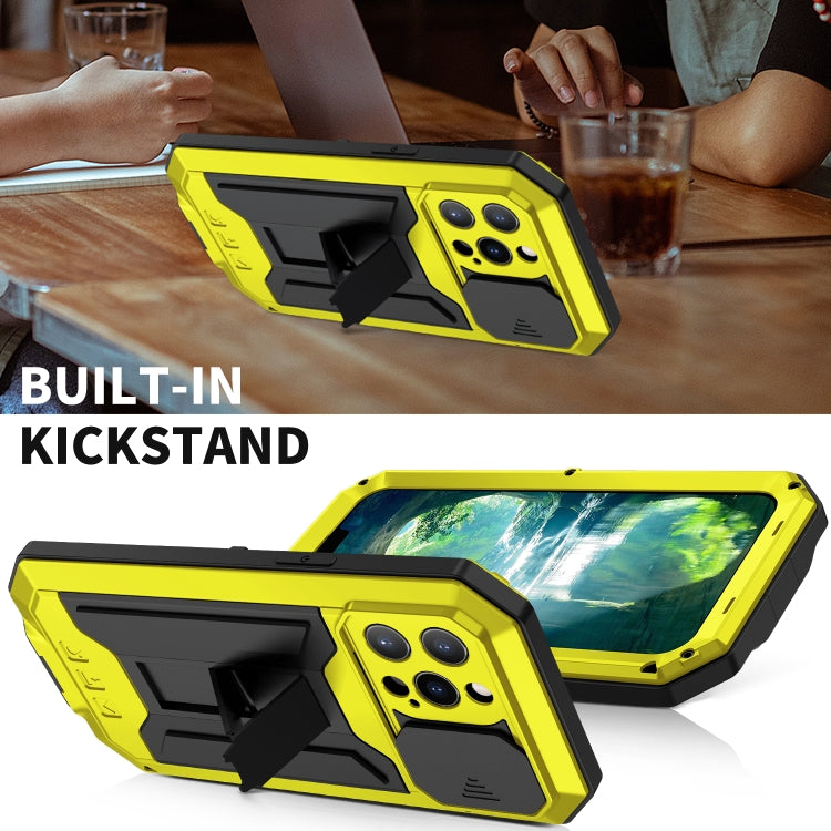 For iPhone 13 Pro Max R-JUST Sliding Camera Shockproof Life Waterproof Dust-proof Metal + Silicone Protective Case with Holder (Yellow) - free shipping - PMC TechLife - Order now!