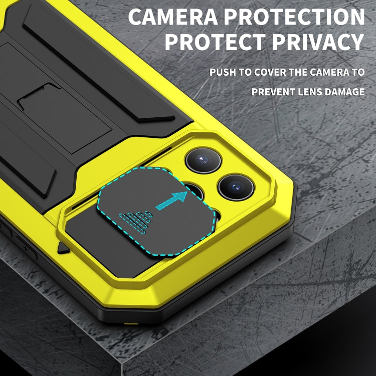 For iPhone 13 Pro Max R-JUST Sliding Camera Shockproof Life Waterproof Dust-proof Metal + Silicone Protective Case with Holder (Yellow) - free shipping - PMC TechLife - Order now!