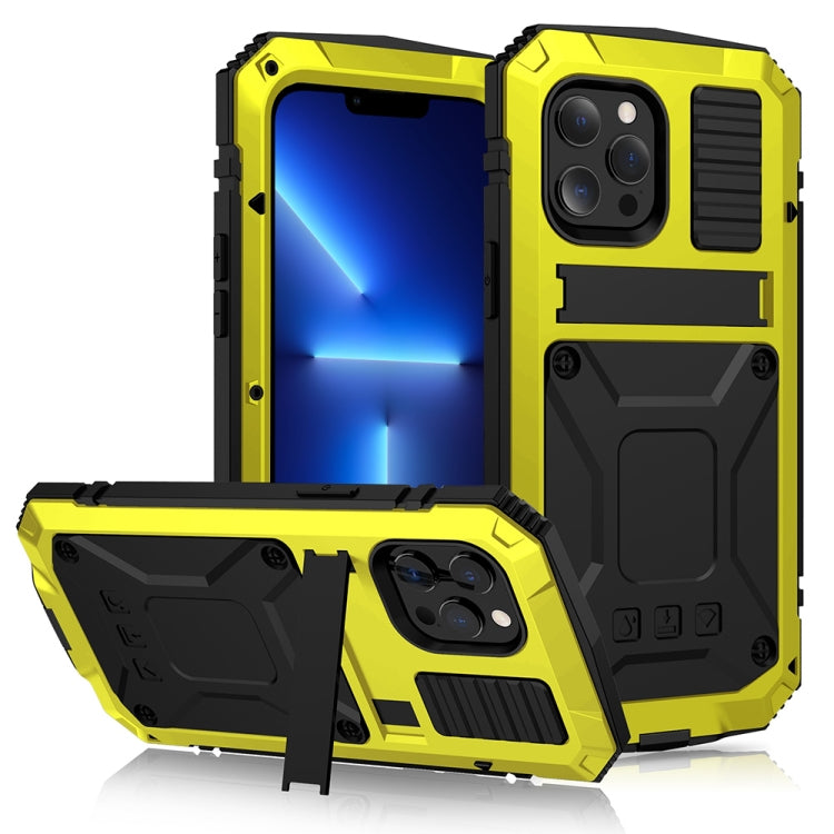 For iPhone 13 Pro R-JUST Shockproof Waterproof Dust-proof Metal + Silicone Protective Case with Holder (Yellow) - iPhone 13 Pro Cases by R-JUST | Online Shopping South Africa | PMC Jewellery