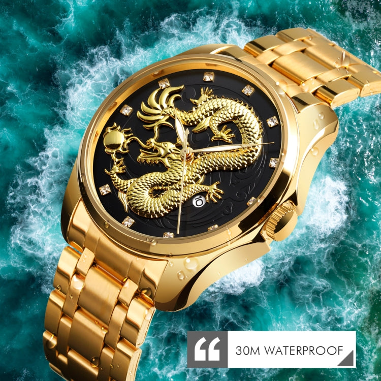 SKMEI 9193 Men Golden Dragon Pattern Calendar Dial Luminous Quartz Watch(Silver Gold) - free shipping - PMC TechLife - Order now!