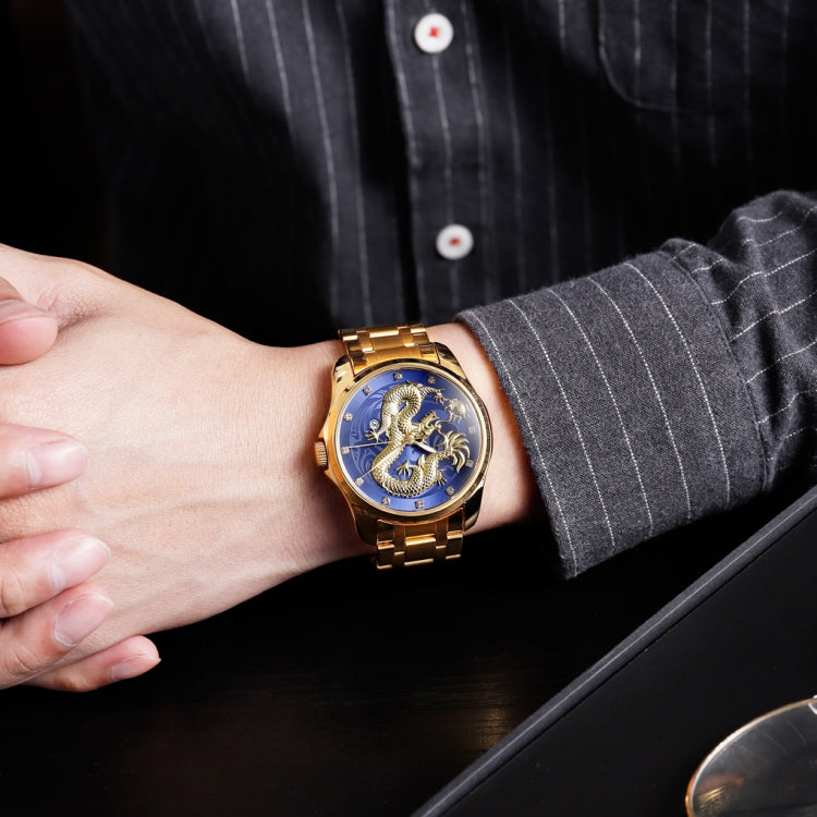 SKMEI 9193 Men Golden Dragon Pattern Calendar Dial Luminous Quartz Watch(Gold Blue) - free shipping - PMC TechLife - Order now!