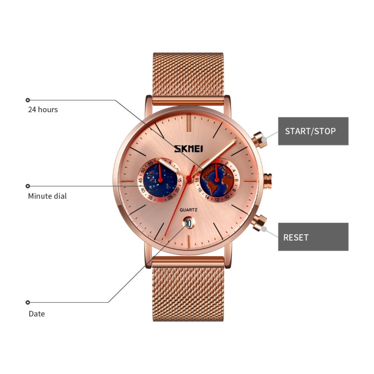 SKMEI 9231 Men Map Pattern Calendar Stopwatch Stainless Steel Strap Quartz Watch(Rose Gold) - free shipping - PMC TechLife - Order now!