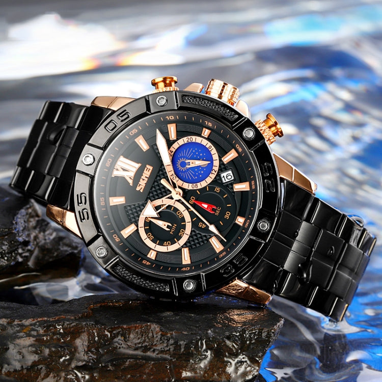 SKMEI 9235 Men Moonphase Stopwatch Stainless Steel Strap Quartz Watch(Black) - free shipping - PMC TechLife - Order now!